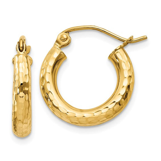 14kt Yellow Gold Diamond-cut 3mm Round Hoop Earrings