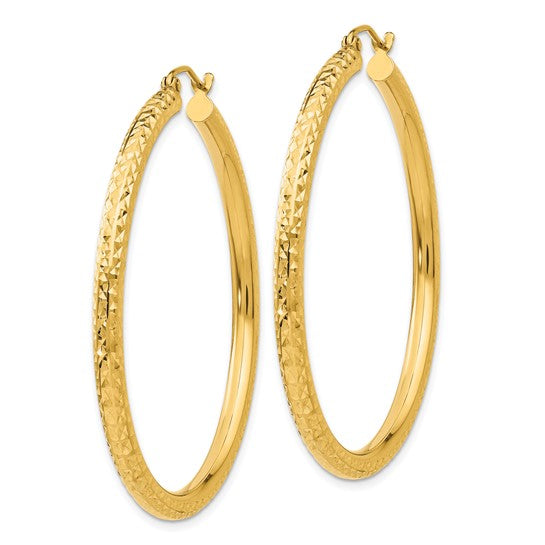 14kt Yellow Gold Diamond-cut 3mm  Round Hoop Earrings