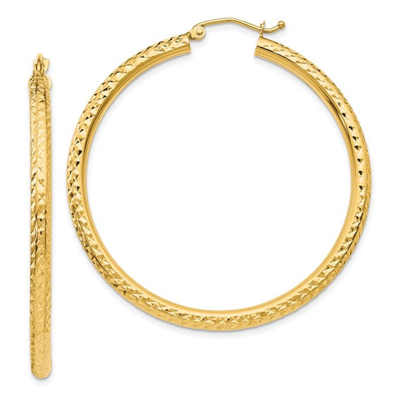 14kt Yellow Gold Diamond-cut 3mm  Round Hoop Earrings