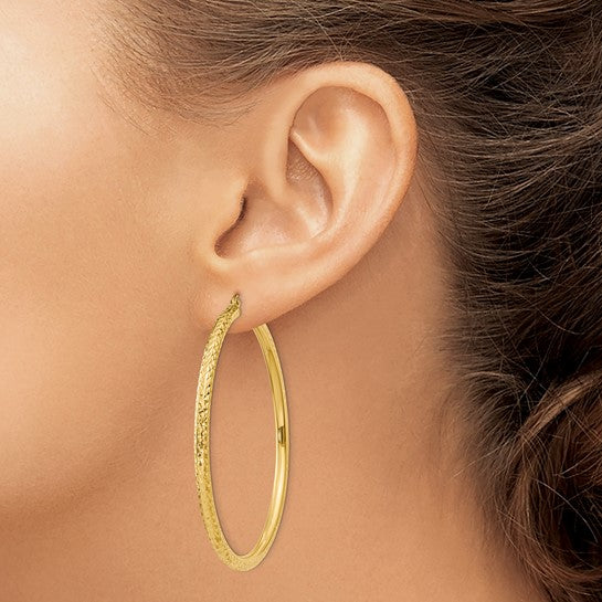 14kt Yellow Gold Diamond-cut 3mm Round Hoop Earrings