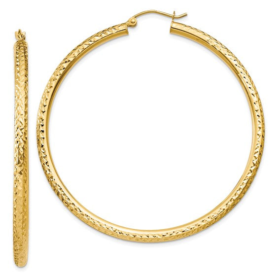 14kt Yellow Gold Diamond-cut 3mm Round Hoop Earrings