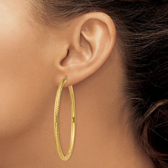 14kt Yellow Gold Diamond-cut 3mm Round Hoop Earrings