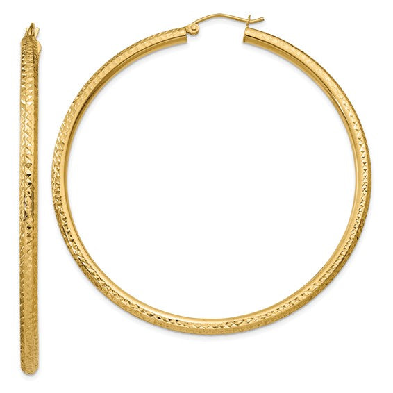 14kt Yellow Gold Diamond-cut 3mm Round Hoop Earrings
