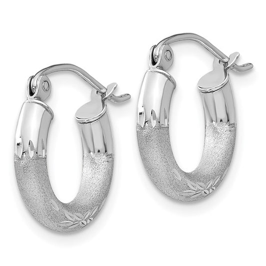 14kt White Gold Satin and Diamond-cut 3mm Round Hoop Earrings