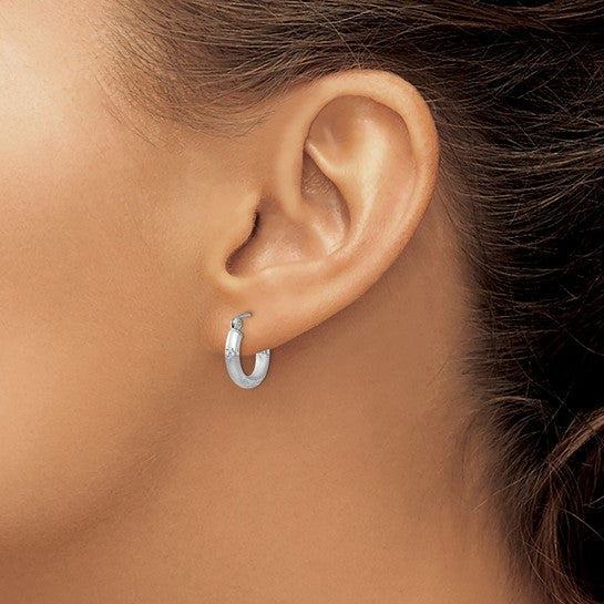 14kt White Gold Satin and Diamond-cut 3mm Round Hoop Earrings