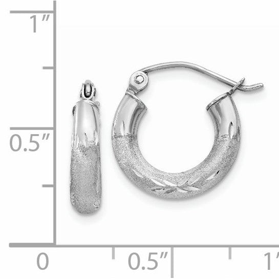 14kt White Gold Satin and Diamond-cut 3mm Round Hoop Earrings