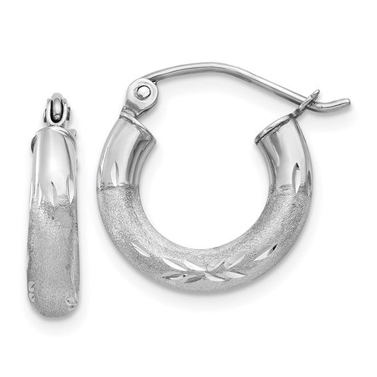 14kt White Gold Satin and Diamond-cut 3mm Round Hoop Earrings
