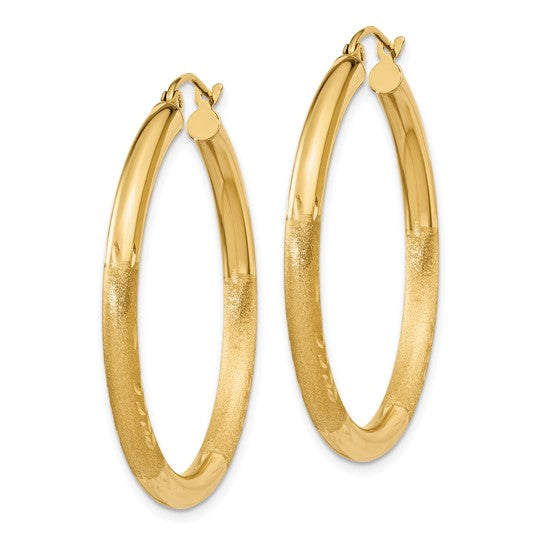 14kt Yellow Gold Satin and Diamond-cut 3mm Round Hoop Earrings