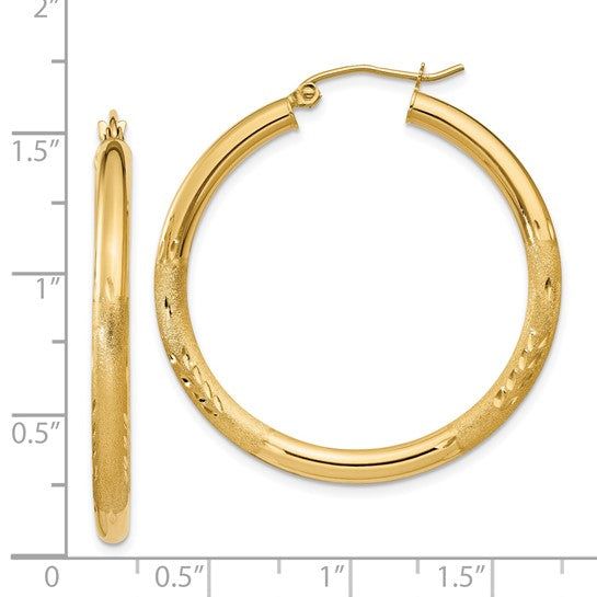 14kt Yellow Gold Satin and Diamond-cut 3mm Round Hoop Earrings