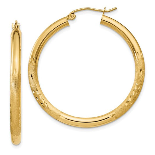 14kt Yellow Gold Satin and Diamond-cut 3mm Round Hoop Earrings