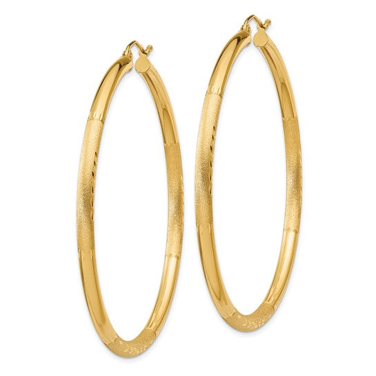 14kt Yellow Gold Satin and Diamond-cut 3mm Round Hoop Earrings