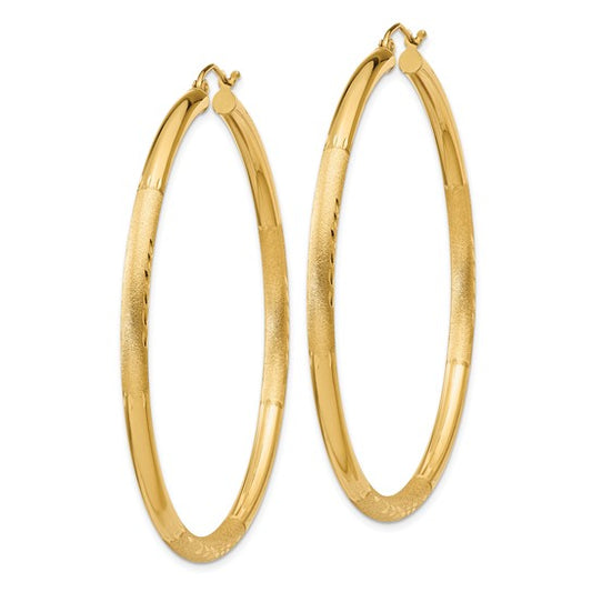 14kt Yellow Gold Satin and Diamond-cut 3mm Round Hoop Earrings