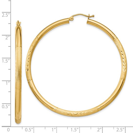 14kt Yellow Gold Satin and Diamond-cut 3mm Round Hoop Earrings