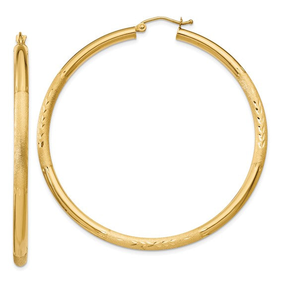 14kt Yellow Gold Satin and Diamond-cut 3mm Round Hoop Earrings