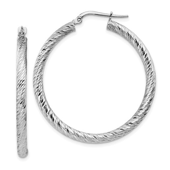 14kt White Gold 3mm Polished White Gold Diamond-cut Round Hoop Earrings