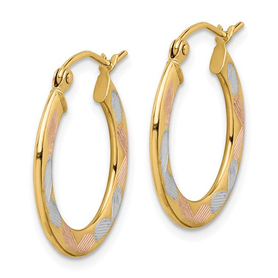 14kt Yellow Gold w/White and Rose Rhodium Diamond-cut Hoop Earrings
