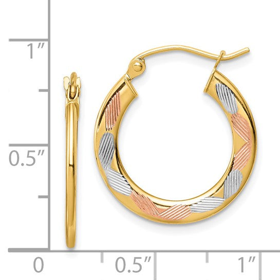 14kt Yellow Gold w/White and Rose Rhodium Diamond-cut Hoop Earrings