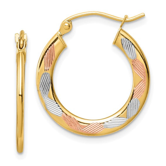14kt Yellow Gold w/White and Rose Rhodium Diamond-cut Hoop Earrings