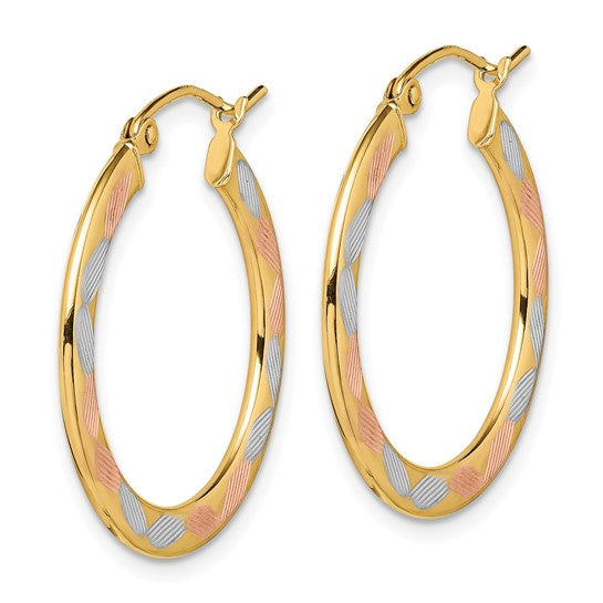 14kt Yellow Gold w/White and Rose Rhodium Diamond-cut Hoop Earrings