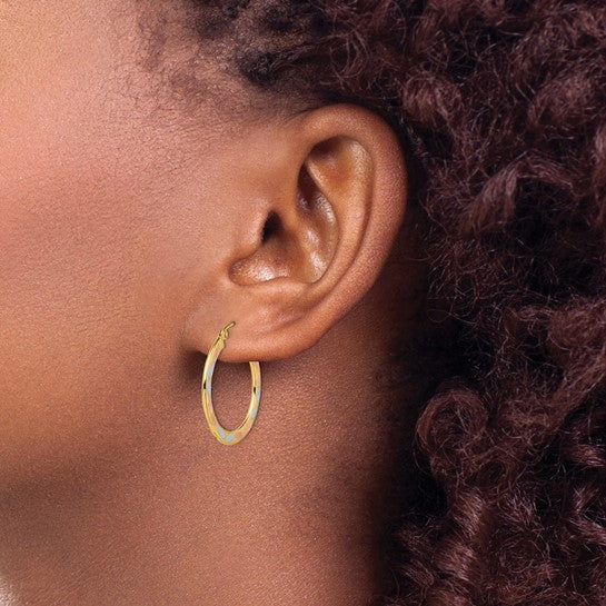 14kt Yellow Gold w/White and Rose Rhodium Diamond-cut Hoop Earrings