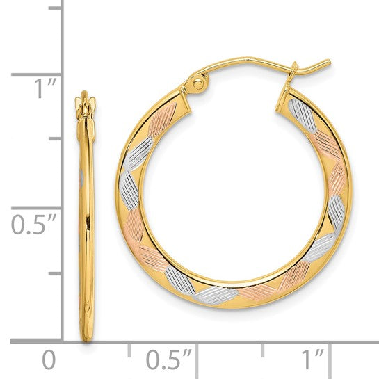 14kt Yellow Gold w/White and Rose Rhodium Diamond-cut Hoop Earrings