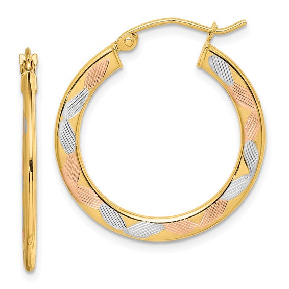 14kt Yellow Gold w/White and Rose Rhodium Diamond-cut Hoop Earrings