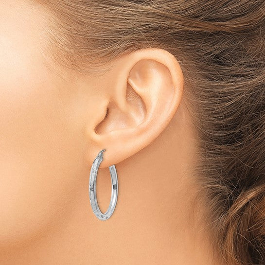 14kt White Gold Diamond-cut Hoop Earrings