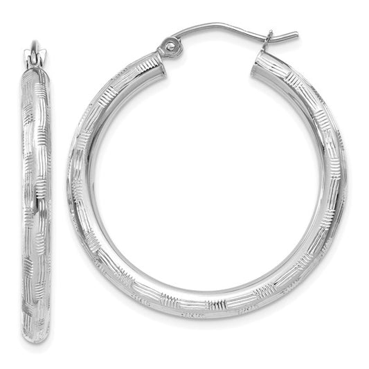 14kt White Gold Diamond-cut Hoop Earrings
