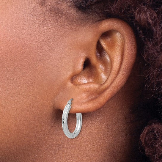 14kt White Gold Diamond-cut Hoop Earrings