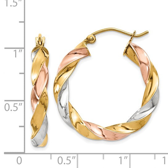 14kt Tri-color Light Twisted Hoop Earrings