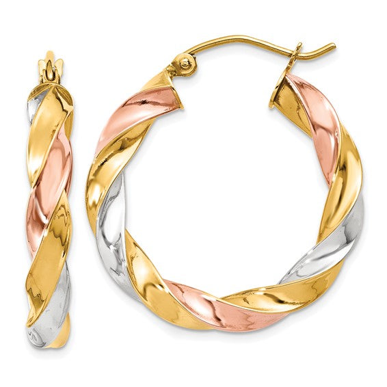 14kt Tri-color Light Twisted Hoop Earrings