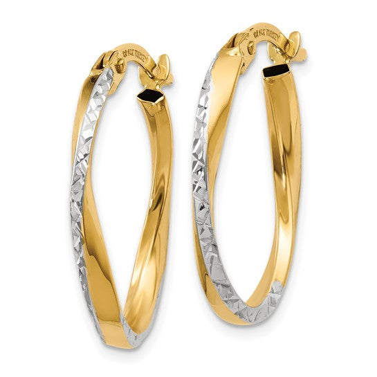 14KT Yellow Gold w/White Rhodium Textured and Polished Oval Hoop Earrings