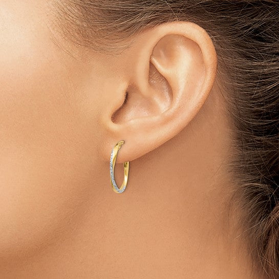 14KT Yellow Gold w/White Rhodium Textured and Polished Oval Hoop Earrings