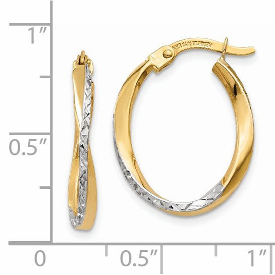 14KT Yellow Gold w/White Rhodium Textured and Polished Oval Hoop Earrings