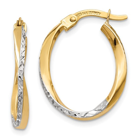 14KT Yellow Gold w/White Rhodium Textured and Polished Oval Hoop Earrings