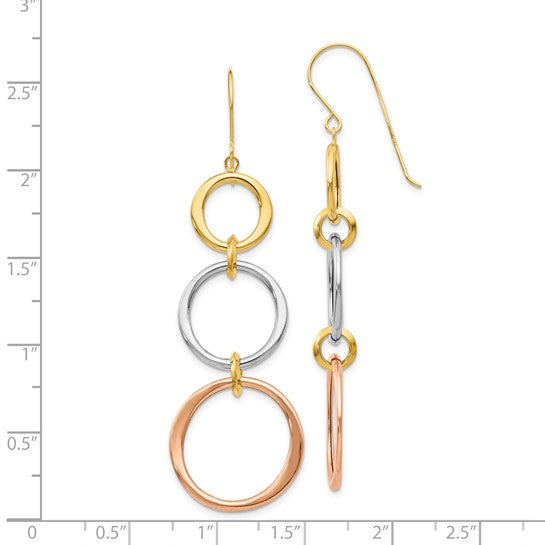 14kt Tri-color Triple Circle Dangle Earrings