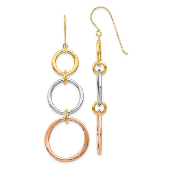 14kt Tri-color Triple Circle Dangle Earrings