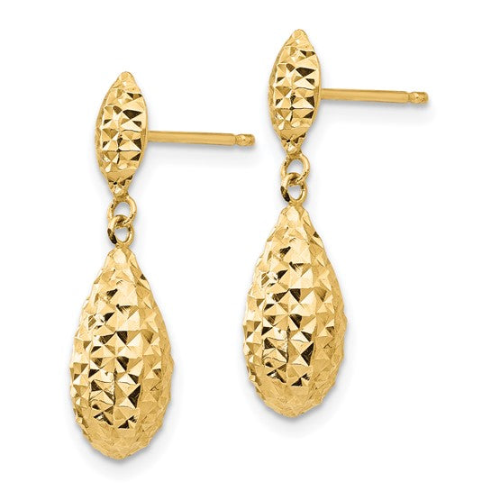 14kt Yellow Gold Diamond-cut Puff Teardrop Dangle Earrings