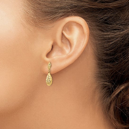 14kt Yellow Gold Diamond-cut Puff Teardrop Dangle Earrings