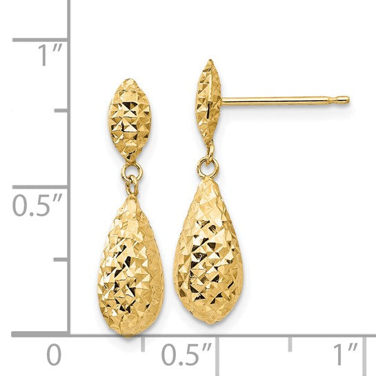 14kt Yellow Gold Diamond-cut Puff Teardrop Dangle Earrings