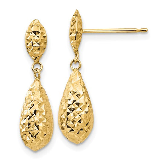 14kt Yellow Gold Diamond-cut Puff Teardrop Dangle Earrings