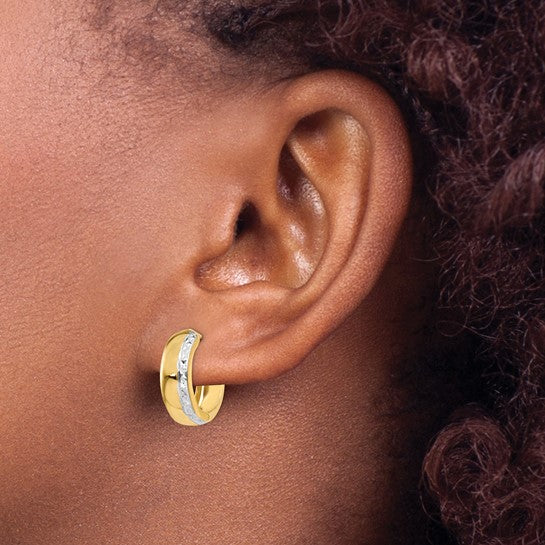 14kt Yellow Gold w/Rhodium Textured Hinged Hoop Earrings