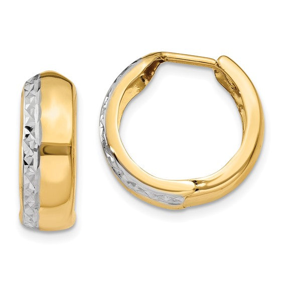 14kt Yellow Gold w/Rhodium Textured Hinged Hoop Earrings