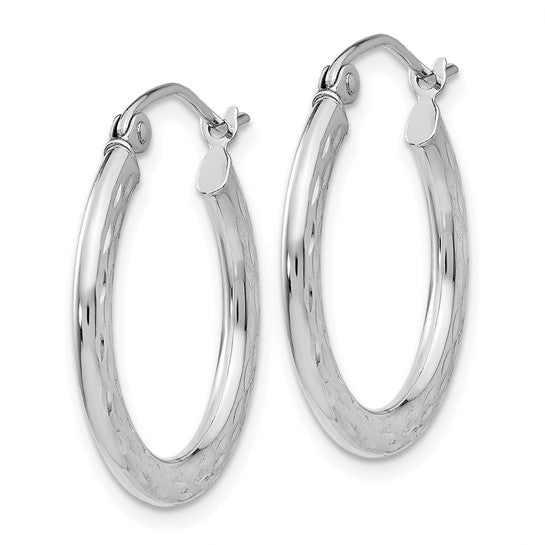 14KT White Gold Diamond-cut 2.5x20mm Hollow Hoop Earrings