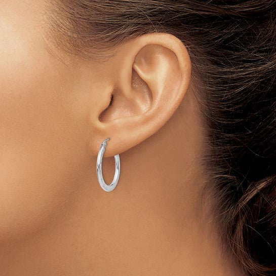14KT White Gold Diamond-cut 2.5x20mm Hollow Hoop Earrings