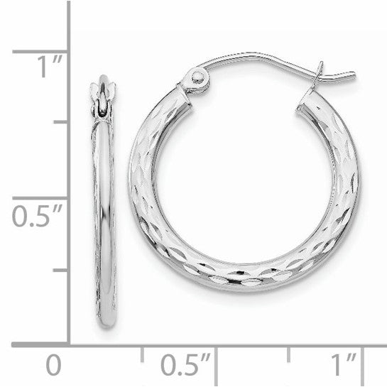 14KT White Gold Diamond-cut 2.5x20mm Hollow Hoop Earrings