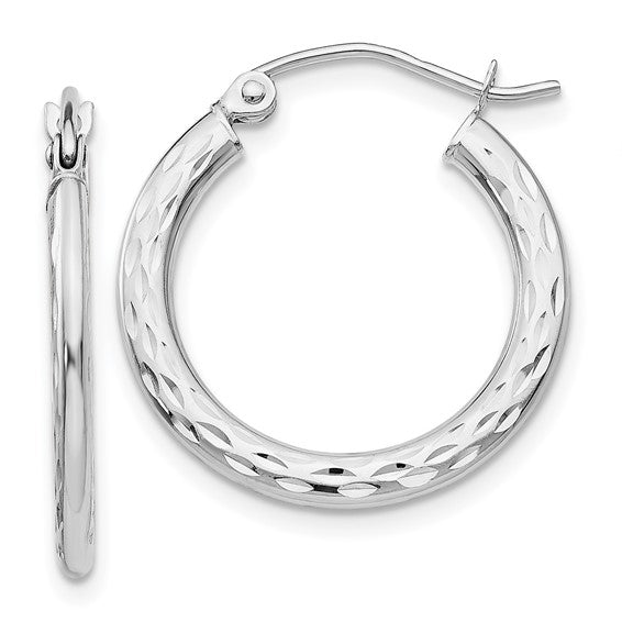 14KT White Gold Diamond-cut 2.5x20mm Hollow Hoop Earrings