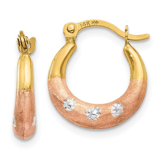 14kt Yellow & White and Rose Rhodium Flower Hoop Earrings