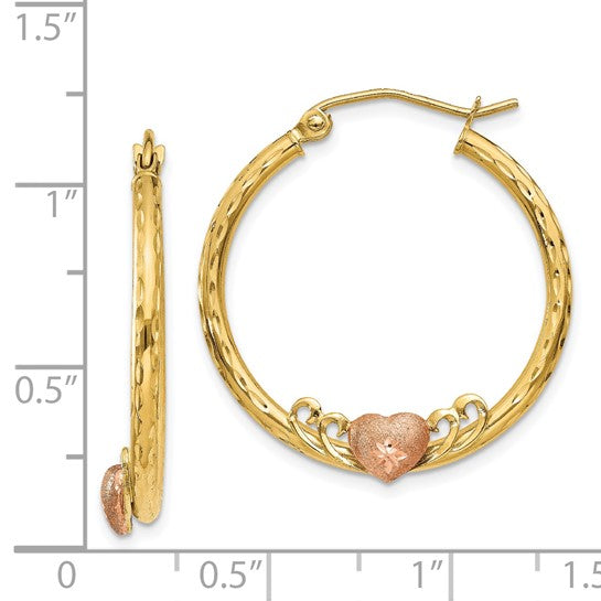 14KT Two Tone & Rose Heart D/C Hoop Earrings