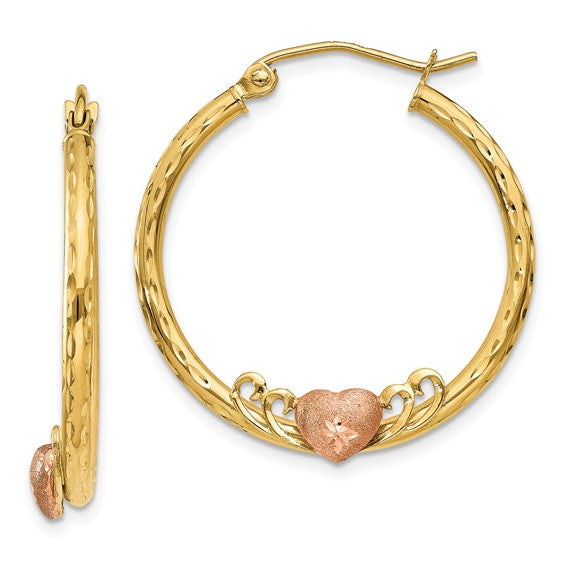 14KT Two Tone & Rose Heart D/C Hoop Earrings